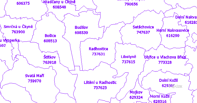 Katastrální mapa Radhostice - přehledová mapa katastrálního území