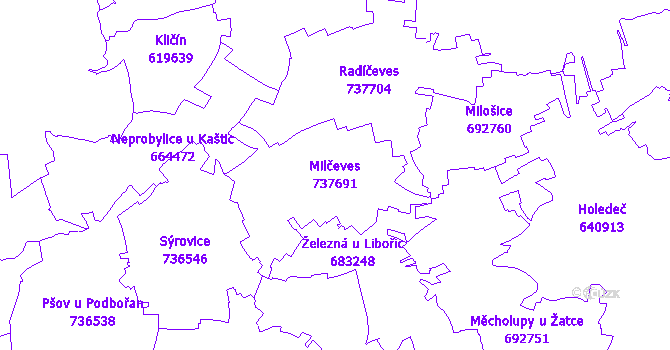 Katastrální mapa Milčeves - přehledová mapa katastrálního území