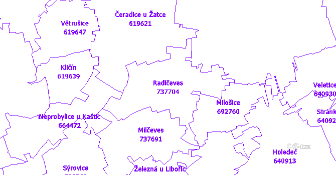 Katastrální mapa Radíčeves - přehledová mapa katastrálního území