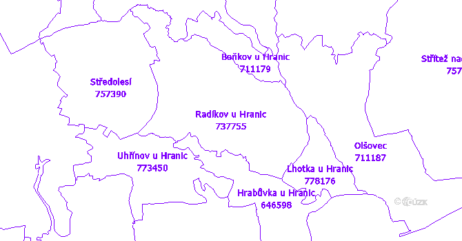 Katastrální mapa Radíkov u Hranic - přehledová mapa katastrálního území