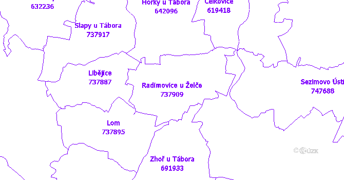 Katastrální mapa Radimovice u Želče - přehledová mapa katastrálního území