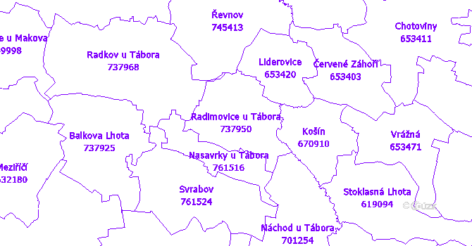Katastrální mapa Radimovice u Tábora - přehledová mapa katastrálního území