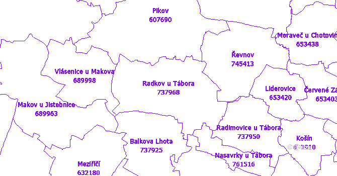 Katastrální mapa Radkov u Tábora - přehledová mapa katastrálního území