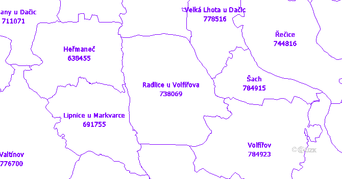 Katastrální mapa Radlice u Volfířova - přehledová mapa katastrálního území