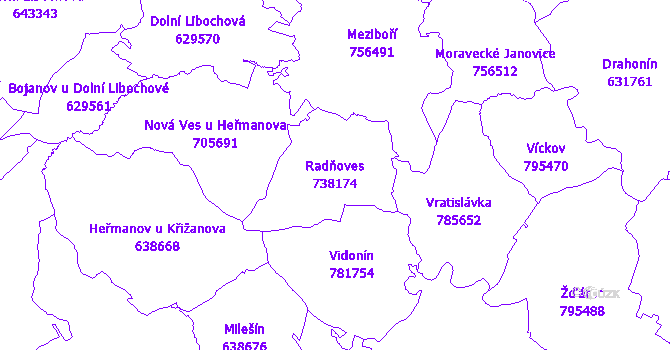 Katastrální mapa Radňoves - přehledová mapa katastrálního území