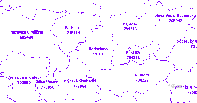 Katastrální mapa Radochovy - přehledová mapa katastrálního území