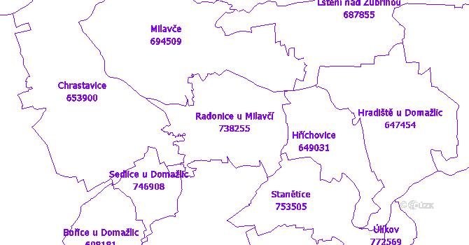Katastrální mapa Radonice u Milavčí - přehledová mapa katastrálního území
