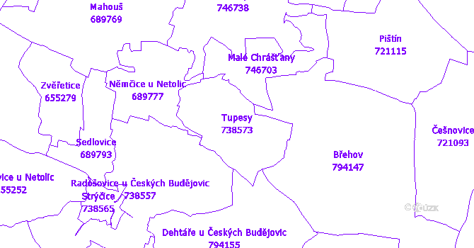 Katastrální mapa Tupesy - přehledová mapa katastrálního území