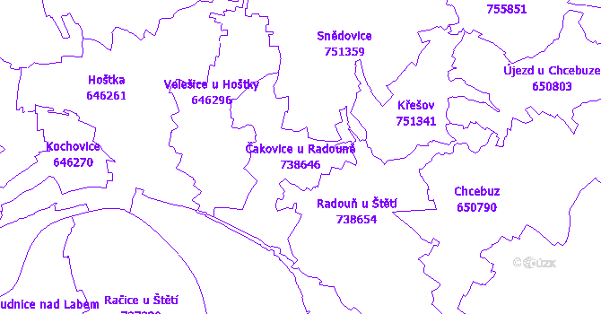Katastrální mapa Čakovice u Radouně - přehledová mapa katastrálního území