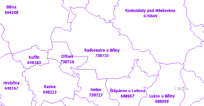 Katastrální mapa Radovesice u Bíliny - přehledová mapa katastrálního území
