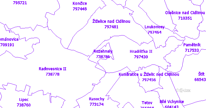 Katastrální mapa Rozehnaly - přehledová mapa katastrálního území