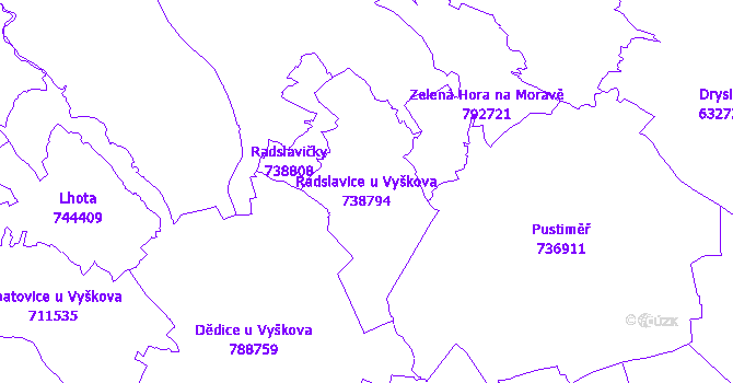 Katastrální mapa Radslavice u Vyškova - přehledová mapa katastrálního území