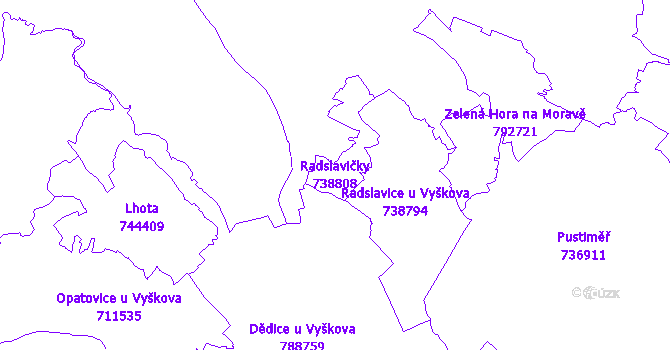 Katastrální mapa Radslavičky - přehledová mapa katastrálního území