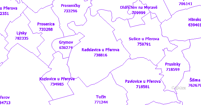 Katastrální mapa Radslavice u Přerova - přehledová mapa katastrálního území