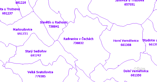 Katastrální mapa Radvanice v Čechách - přehledová mapa katastrálního území