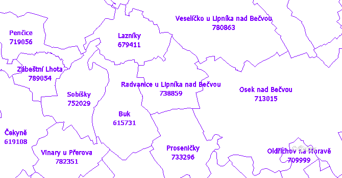 Katastrální mapa Radvanice u Lipníka nad Bečvou