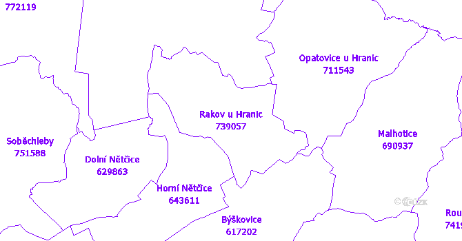 Katastrální mapa Rakov u Hranic - přehledová mapa katastrálního území