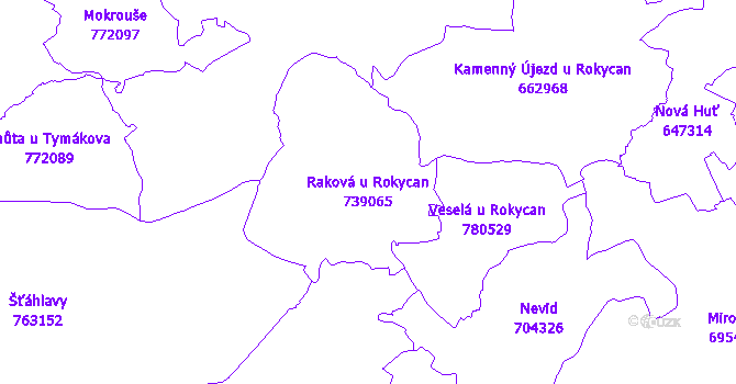 Katastrální mapa Raková u Rokycan - přehledová mapa katastrálního území