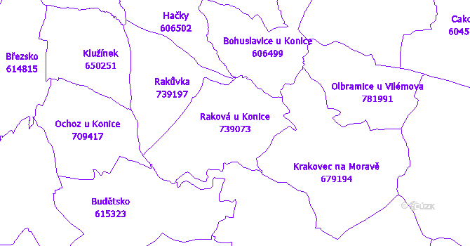 Katastrální mapa Raková u Konice - přehledová mapa katastrálního území