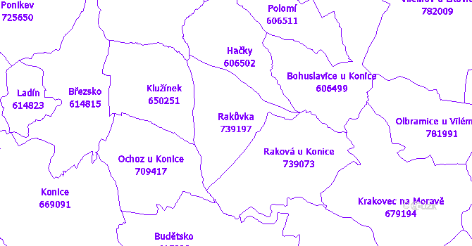 Katastrální mapa Rakůvka - přehledová mapa katastrálního území