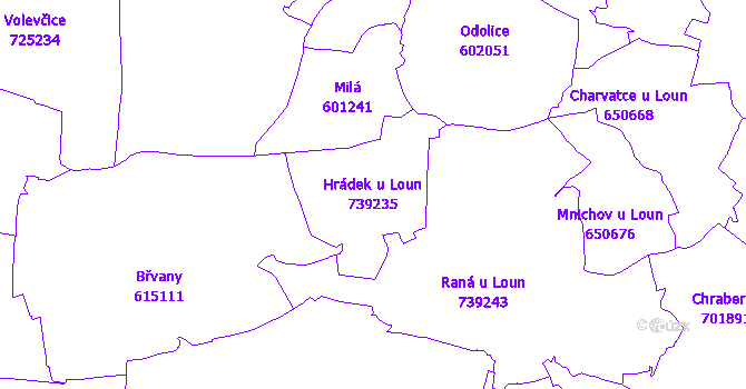 Katastrální mapa Hrádek u Loun - přehledová mapa katastrálního území