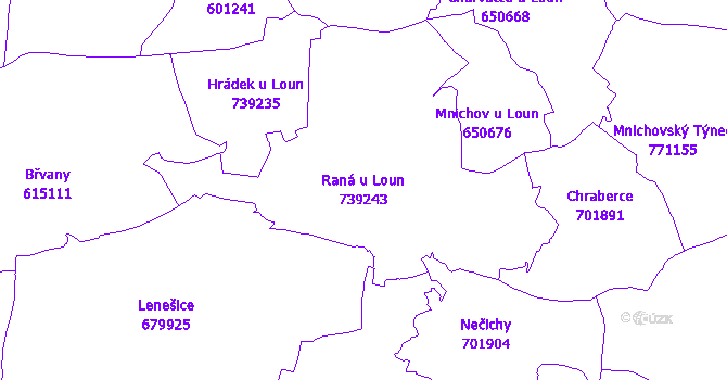 Katastrální mapa Raná u Loun - přehledová mapa katastrálního území