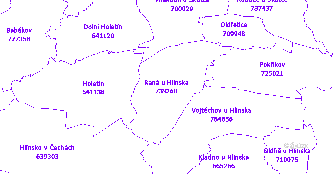 Katastrální mapa Raná u Hlinska - přehledová mapa katastrálního území