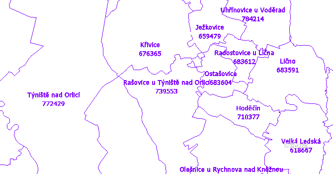 Katastrální mapa Rašovice u Týniště nad Orlicí - přehledová mapa katastrálního území