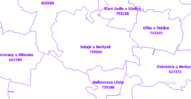 Katastrální mapa Rataje u Bechyně - přehledová mapa katastrálního území