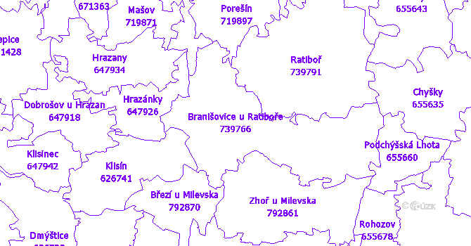 Katastrální mapa Branišovice u Ratiboře - přehledová mapa katastrálního území