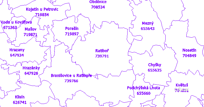 Katastrální mapa Ratiboř - přehledová mapa katastrálního území