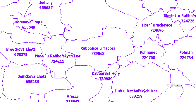 Katastrální mapa Ratibořice u Tábora - přehledová mapa katastrálního území