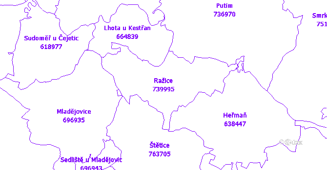 Katastrální mapa Ražice - přehledová mapa katastrálního území