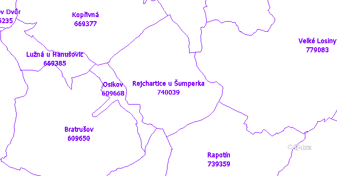 Katastrální mapa Rejchartice u Šumperka - přehledová mapa katastrálního území