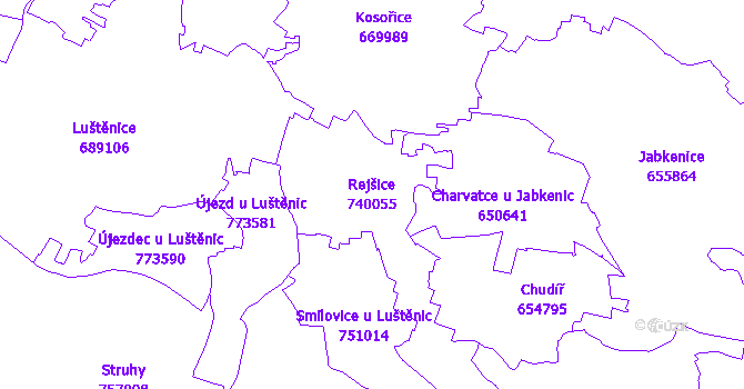 Katastrální mapa Rejšice - přehledová mapa katastrálního území