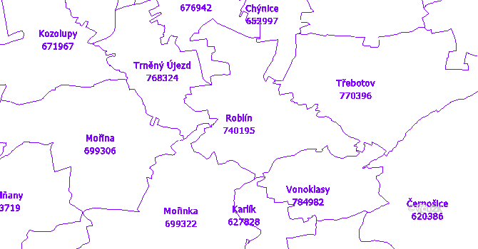 Katastrální mapa Roblín - přehledová mapa katastrálního území