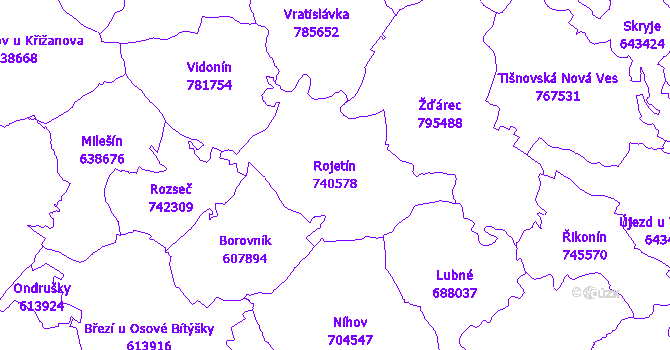 Katastrální mapa Rojetín - přehledová mapa katastrálního území