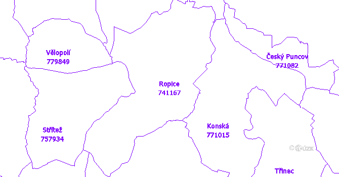 Katastrální mapa Ropice - přehledová mapa katastrálního území