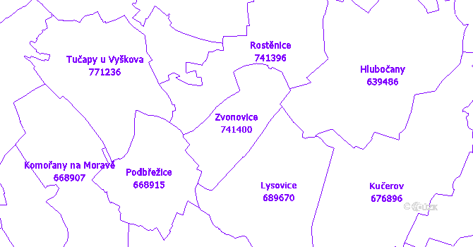 Katastrální mapa Zvonovice - přehledová mapa katastrálního území