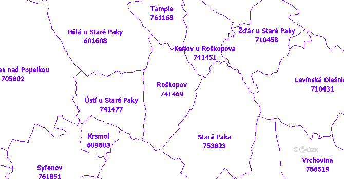 Katastrální mapa Roškopov - přehledová mapa katastrálního území