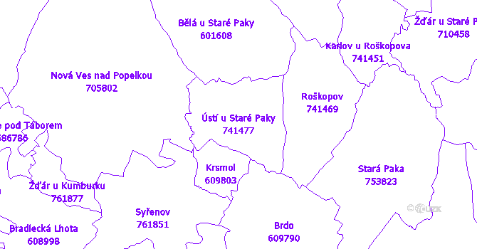Katastrální mapa Ústí u Staré Paky - přehledová mapa katastrálního území