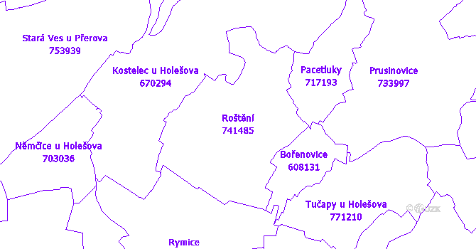 Katastrální mapa Roštění - přehledová mapa katastrálního území