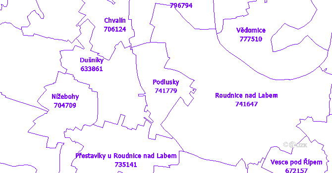 Katastrální mapa Podlusky - přehledová mapa katastrálního území