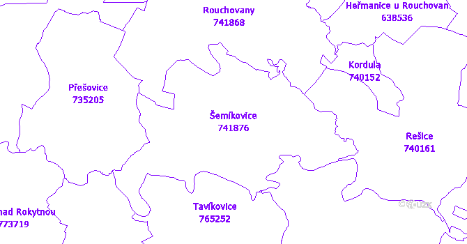 Katastrální mapa Šemíkovice - přehledová mapa katastrálního území