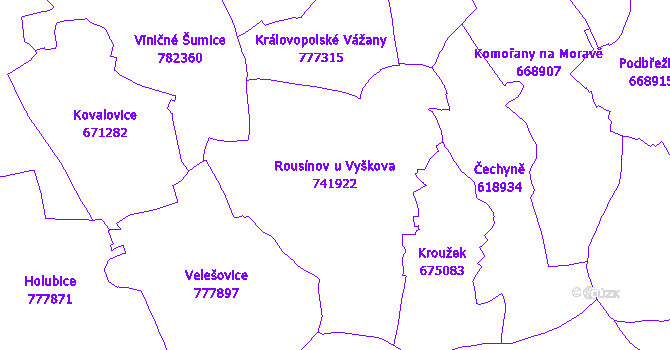 Katastrální mapa Rousínov u Vyškova - přehledová mapa katastrálního území