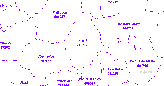Katastrální mapa Rouské - přehledová mapa katastrálního území