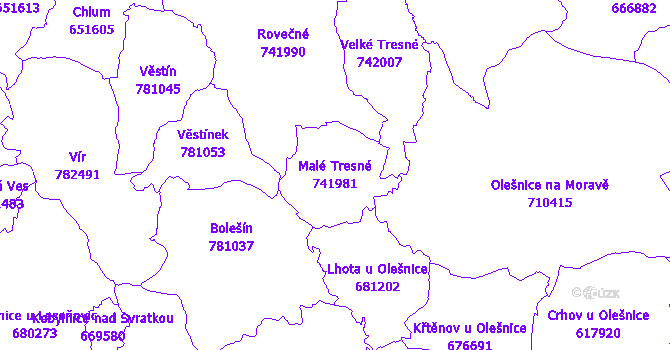 Katastrální mapa Malé Tresné - přehledová mapa katastrálního území