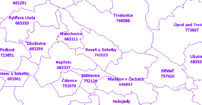 Katastrální mapa Roveň u Sobotky - přehledová mapa katastrálního území