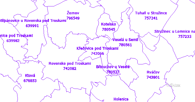 Katastrální mapa Křečovice pod Troskami - přehledová mapa katastrálního území