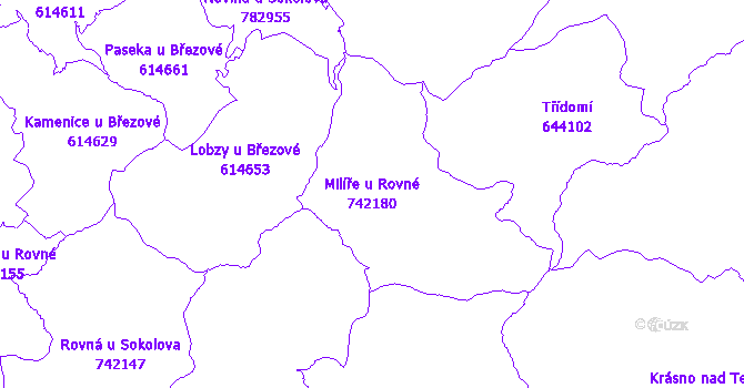 Katastrální mapa Milíře u Rovné - přehledová mapa katastrálního území